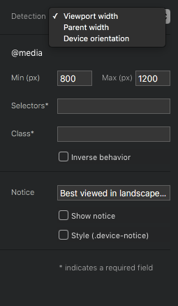 Media Query settings for Blocs website builder